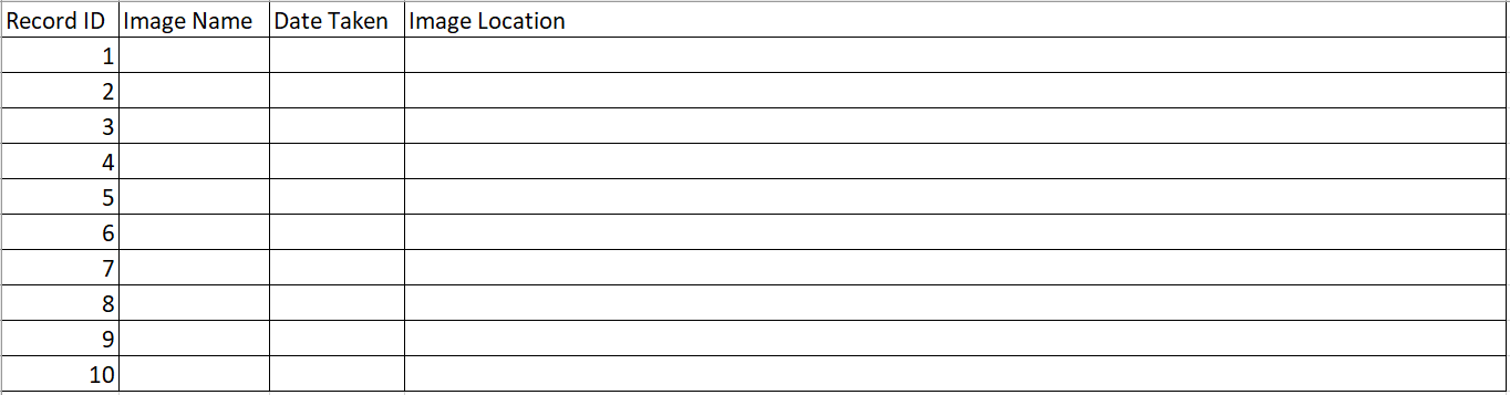 Table of four columns and ten rows. The column names are Record ID, Image Name, Date Taken, and Image Location.