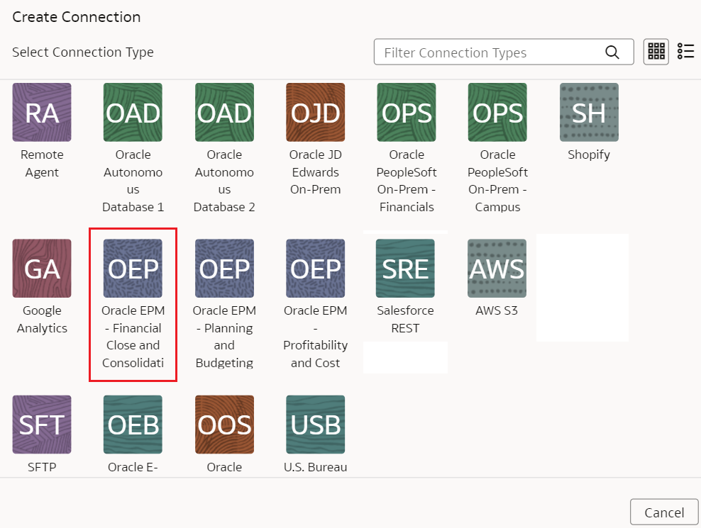 Oracle EPM - Financial Close and Consolidation connection option