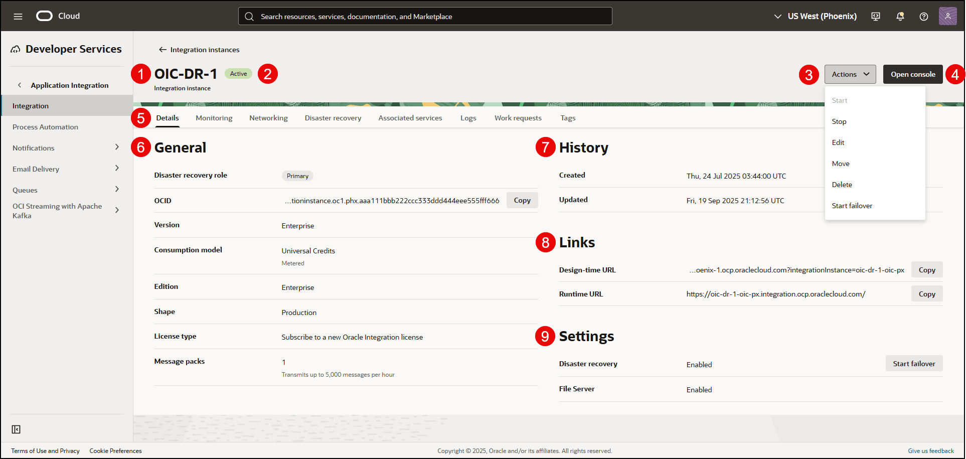OCI Console Integration instance details page with disaster recovery (described in table below)