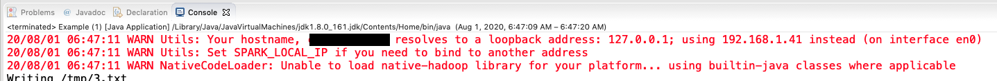 Spark Console showing the kind of error messages you see as Spark is invoked after clicking Run.