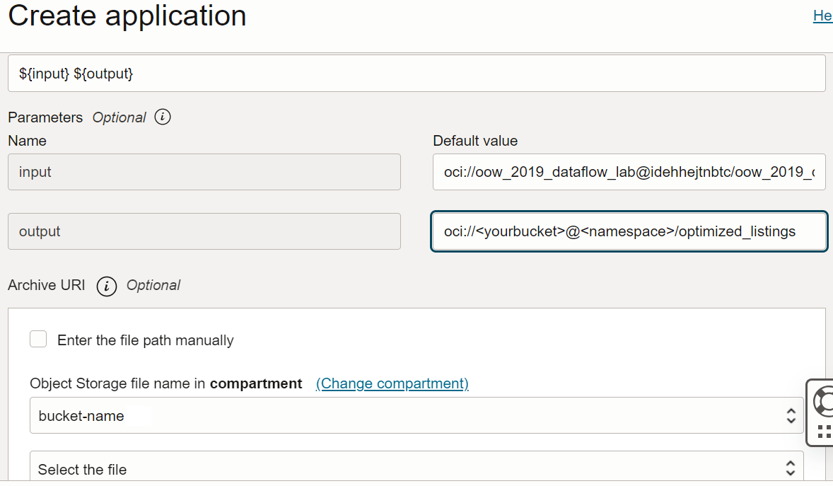 The Application page displayed with the Create Application pull-out over the right-hand side. The Application Configuration section is visible. There is a text field called Arguments. It is populated with ${input} ${output}. Below are text fields for Parameters. There are two on the left that are greyed-out and populated with input and output respectively. Beside each is a text field labelled Default Value which are populated with the respective directories. Below is a section called Archive URI.