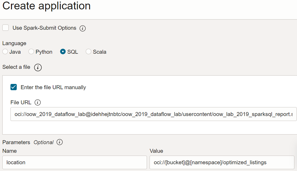 In the Create Application pull-out page covering the right-hand side of the Applications page, the Application Configuration section is visible. There is a check box, Use Spark-Submit Options, not selected. Under Language are four radio buttons, SQL is selected. There is a section called Select a file. In it the check box, Enter the file URL manually, is selected. There is a text box, labelled File URL, which contains the link to the .sql file. Below that are two text boxes side-by-side in the Parameters sub-section. The first is labelled Name, contains location. The second is labelled Value and contains the path to a directory.