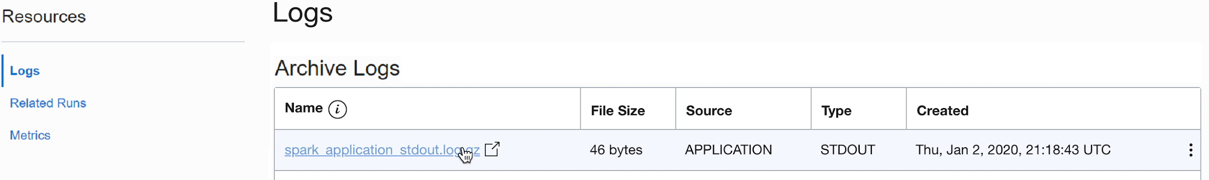 The bottom of the Run Details page containing a section labelled Logs. There is a table of five columns containing two log files. The columns are Name, File Size, Source, Type, and Created. There is a stdout.log file and a stderr.log file. In the left-hand menu to the left of the Logs section is a section called Resources. This contains Logs (which is highlighted as it is selected) and Related Runs.