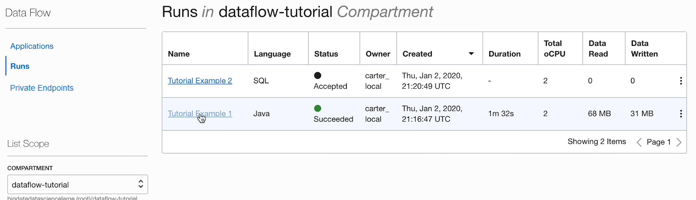 The Runs page displayed with two runs, Tutorial Example 1 and Tutorial Example 2, listed. The table of runs has nine columns. They are Name, Language, Status, Owner, Created, Duration, Total oCPU, Data Read, and Data Written. The Status for Tutorial Example 1 is Succeeded.