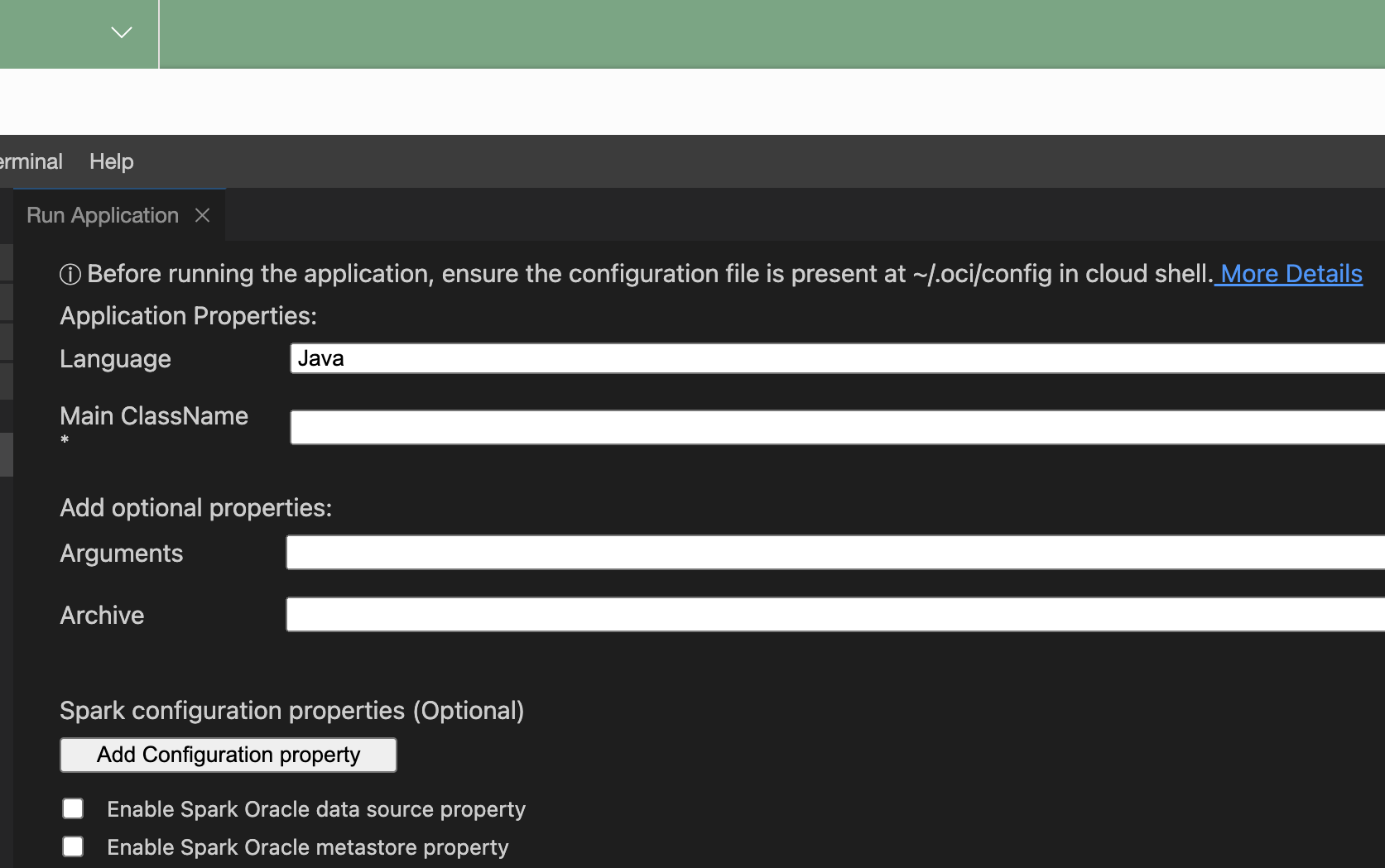 The properties to fill in when running an application.