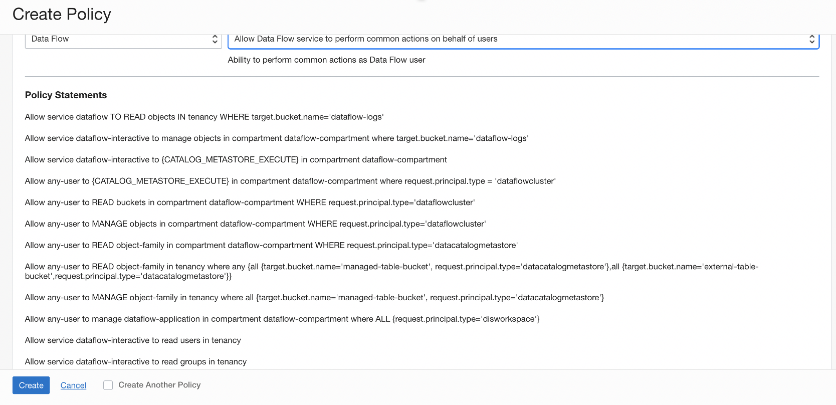 The policy Allow Data Flow service to perform common actions on behalf of user is selected, and the policy statements for it are displayed.