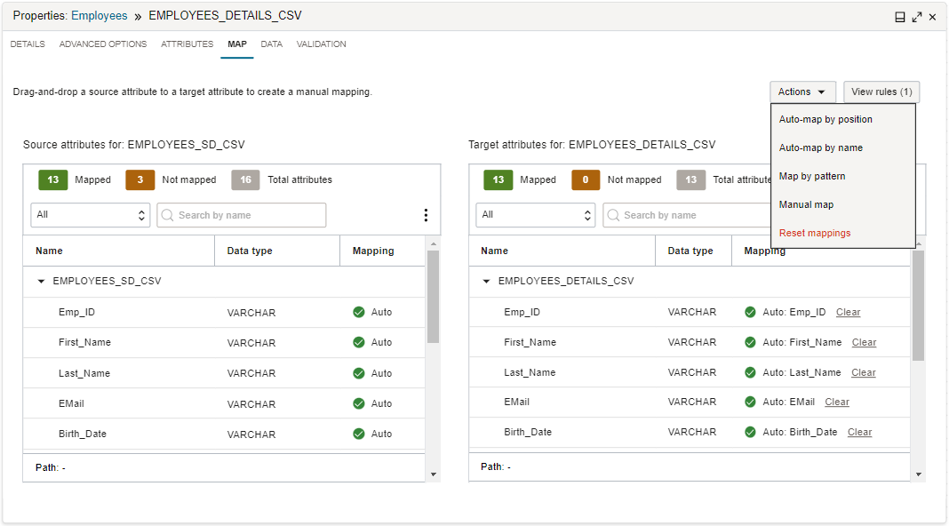 Map tab in Properties panel of target operator