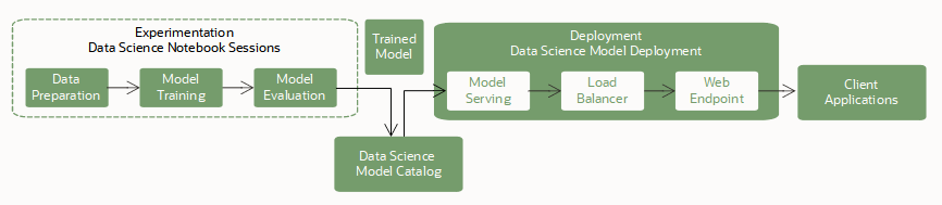 Flow that shows you train models in notebooks sessions, then save and store to the model catalog, and finally deploy the model using the model deployment resource.