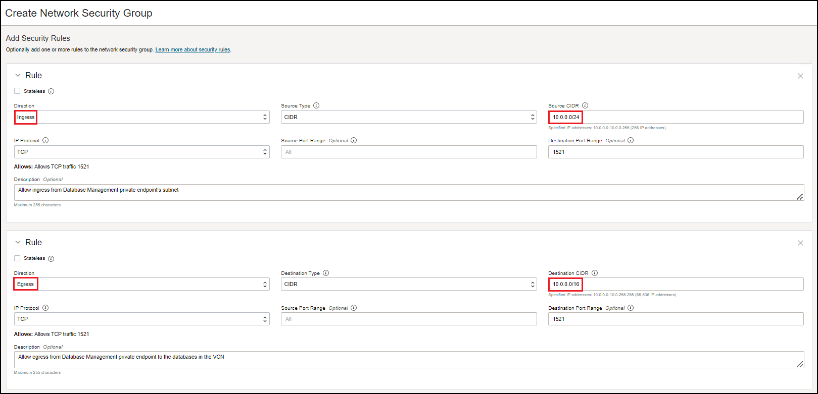 Security rules in an NSG to enable communication between a Database Management private endpoint and a Virtual Machine DB system's VCN