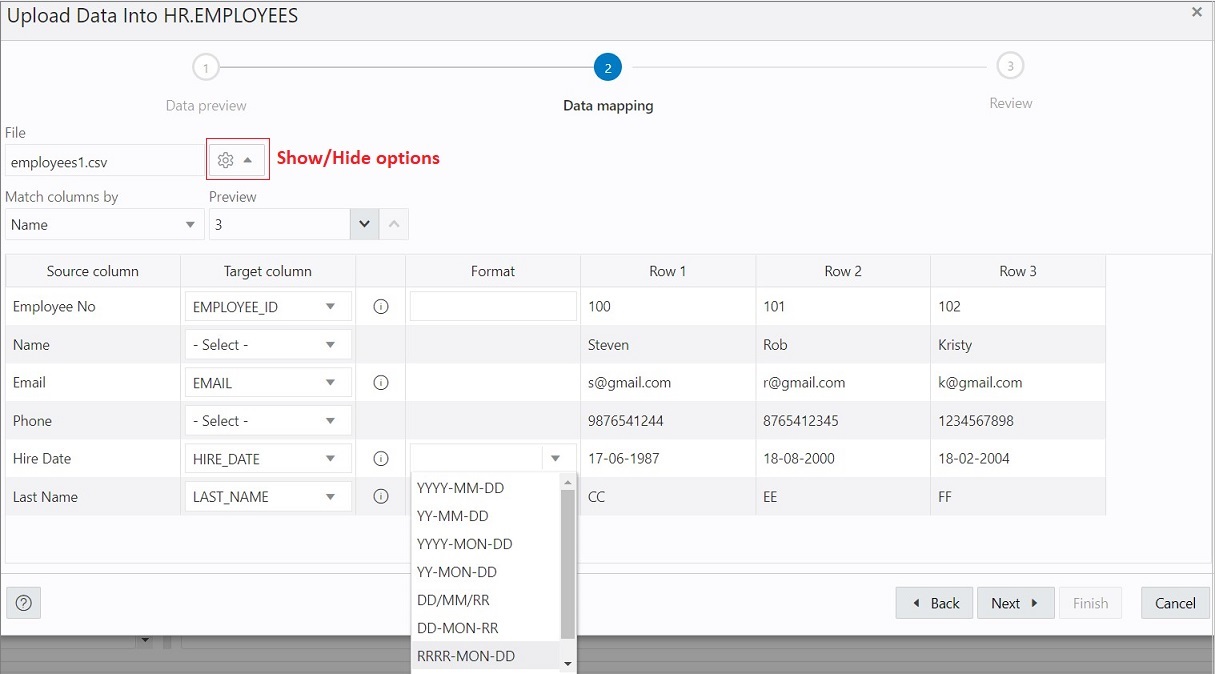 This image depicts the Data Mapping step when loading data to an existing table in SQL Worksheet.