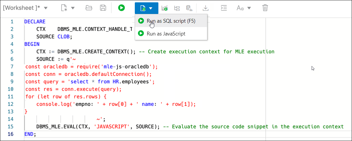 This image shows JavaScript code executed as a PL/SQL code block in the SQL Worksheet.