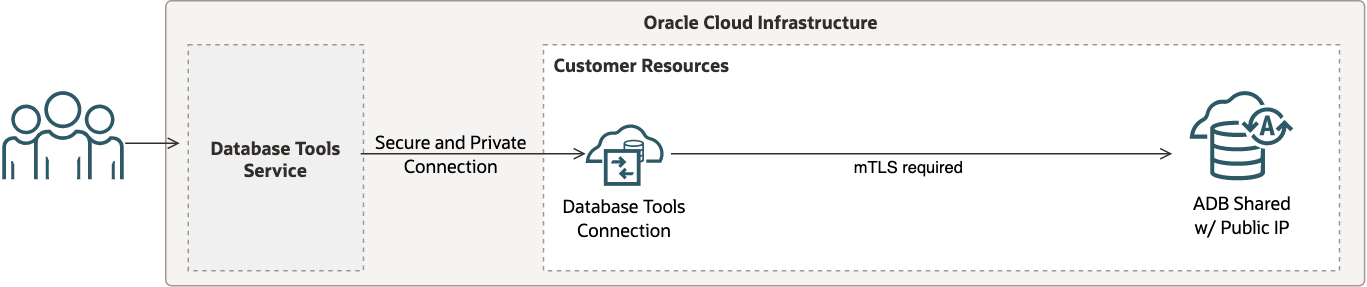 This image depicts the Database Tools service connection to ADB with a public IP and requiring mTLS authentication.