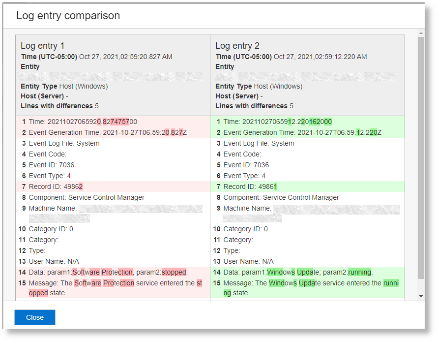 Compare log entries