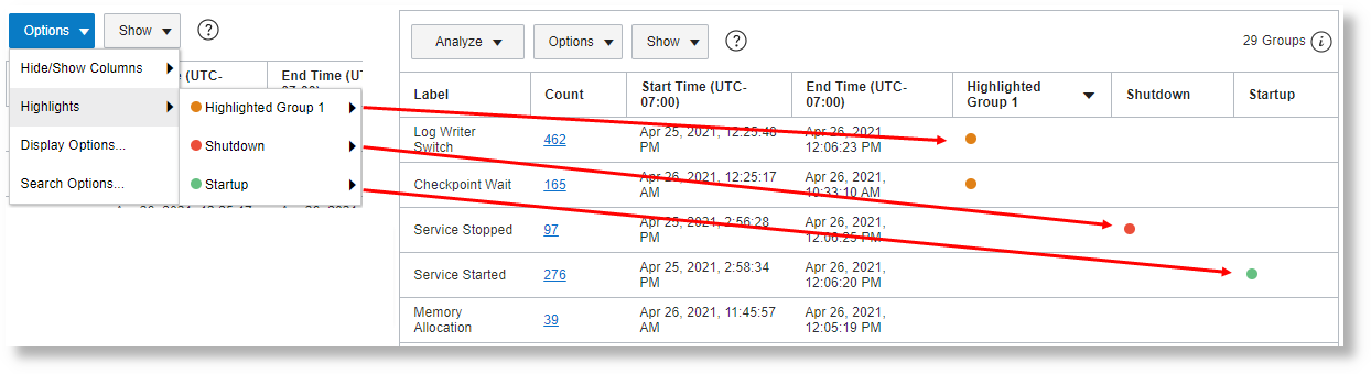 chart options to select the highlighted groups