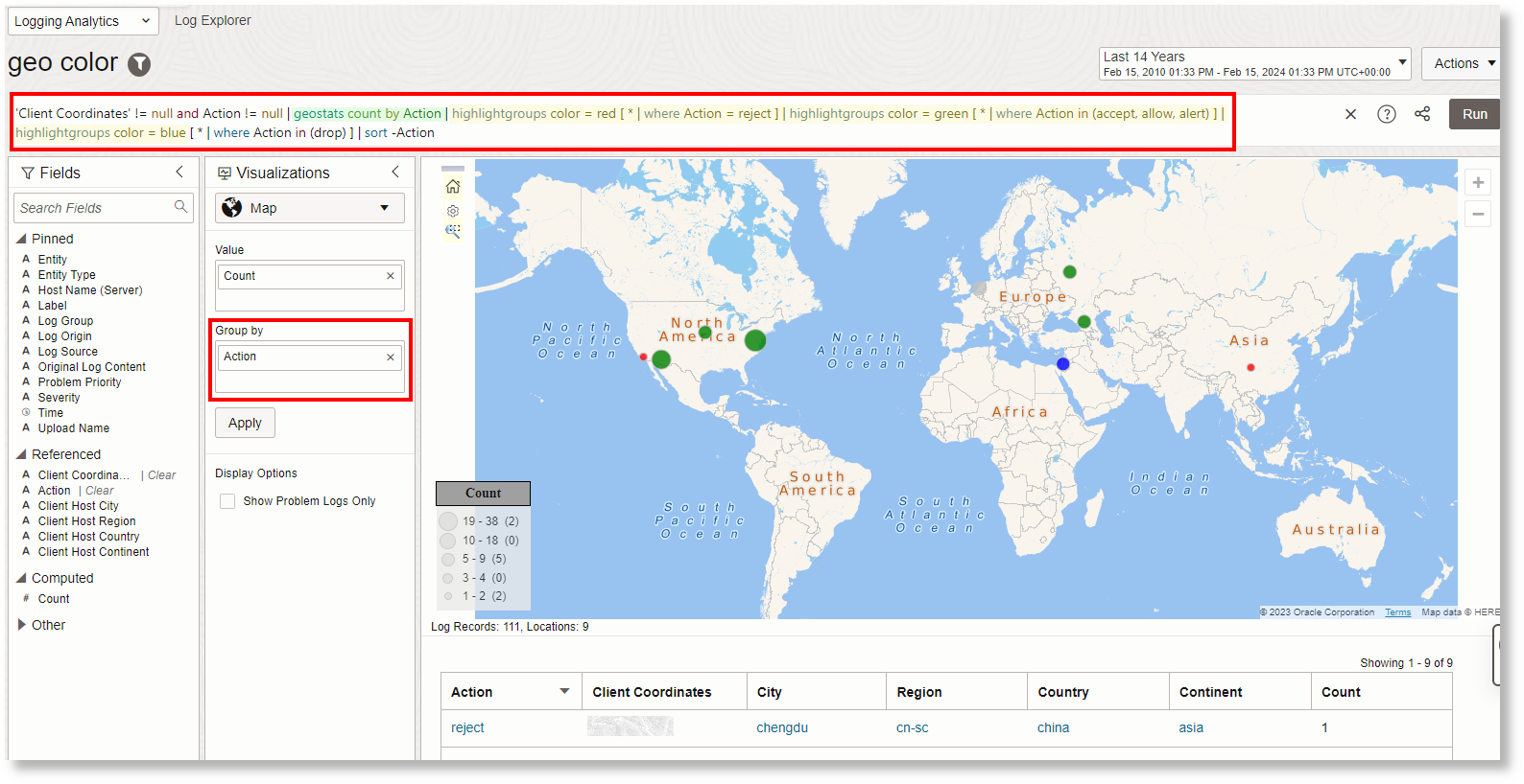 Example map visualization upon running the above query