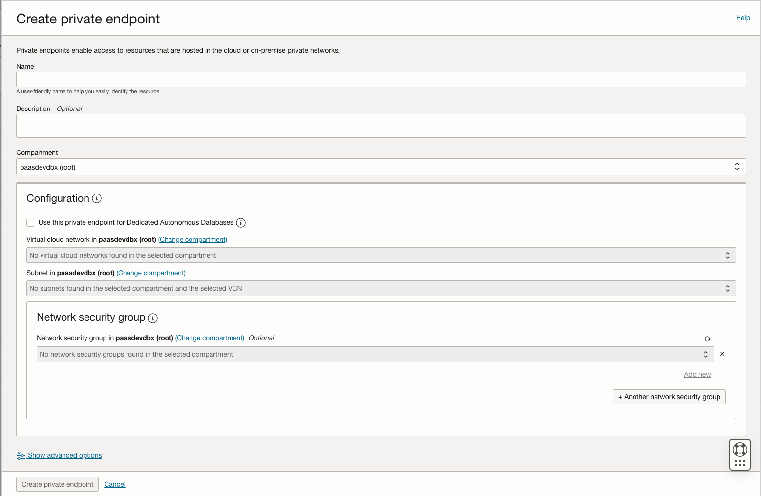 Private Endpoint dialog