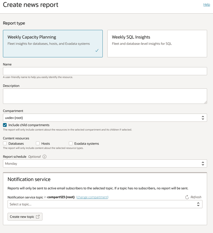 Screenshot of steps required for a capacity planning news report creation