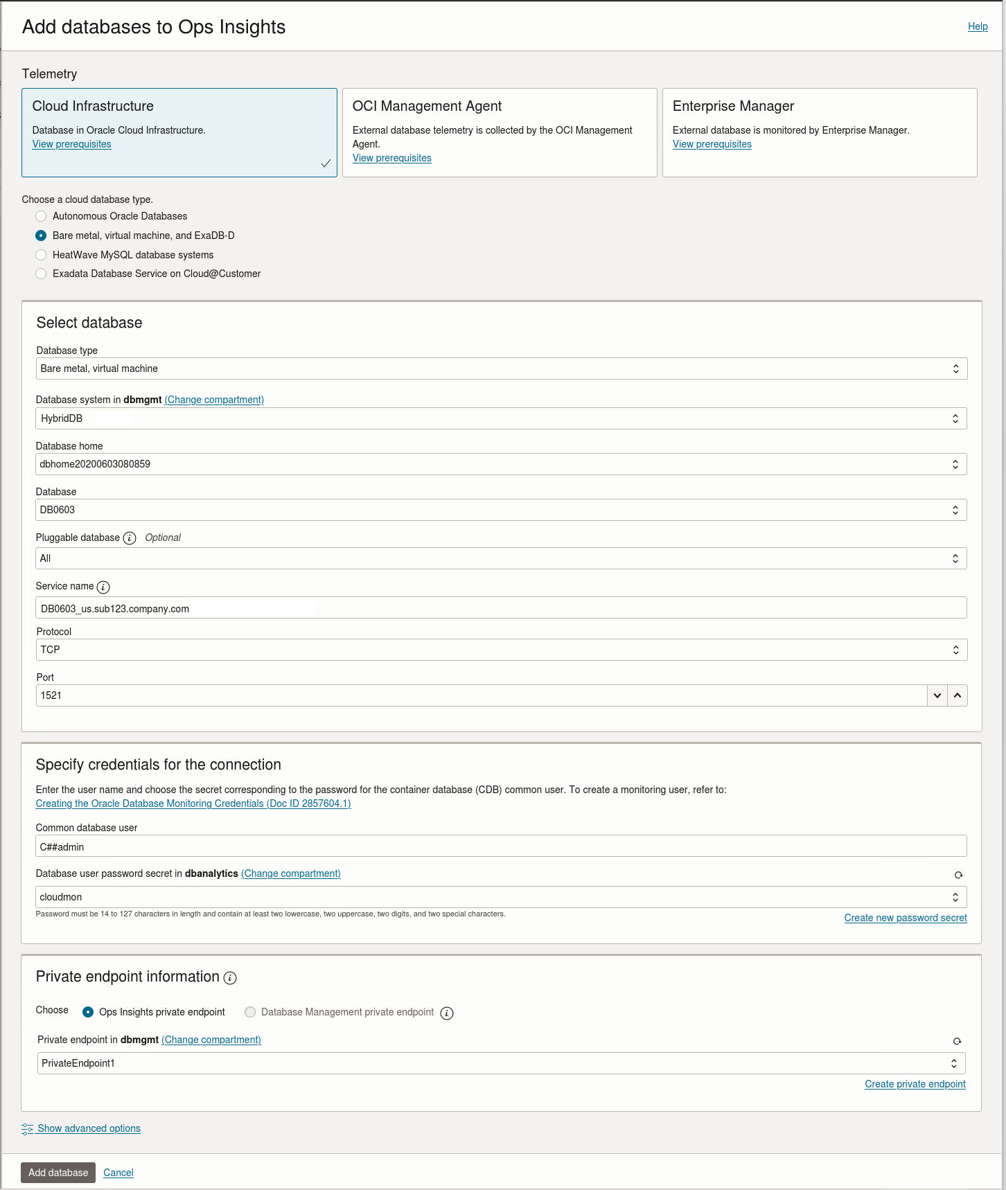 Add DB dialog with Bare Metal selected