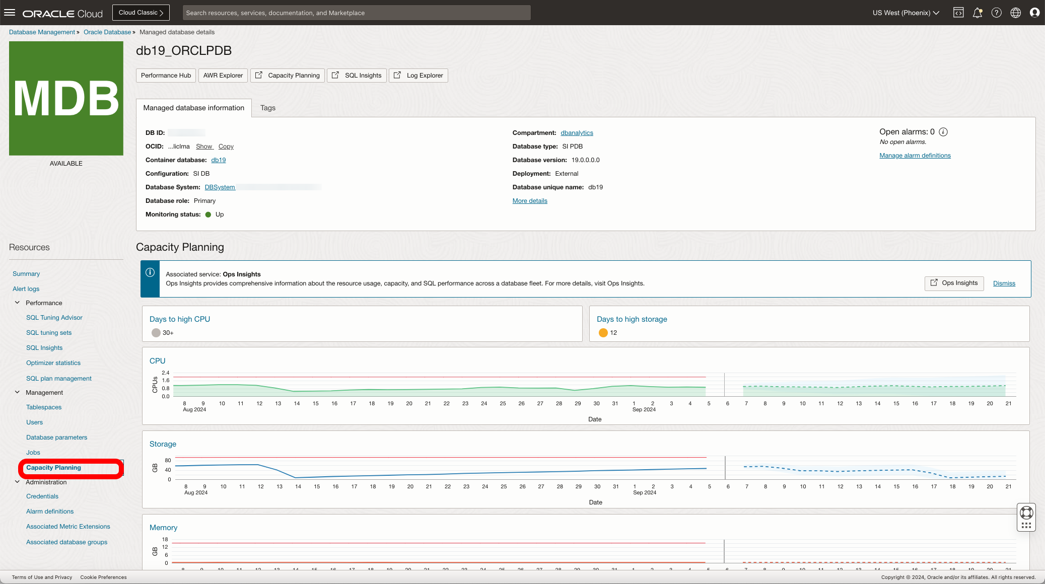 Ops Insights Capacity Planning in Database Management