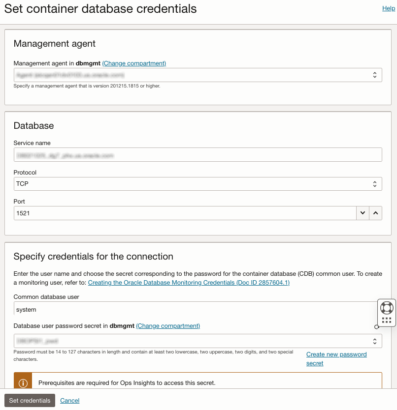 Set database credentials for an Exa-C@C system