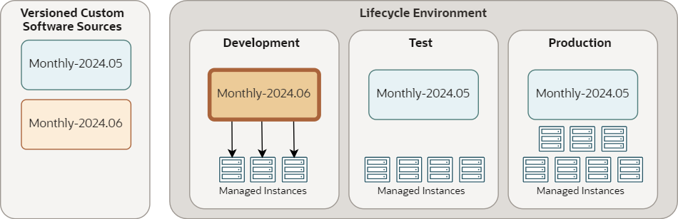 Example lifecycle showing two software sources. The newest source is promoted to the Development stage.