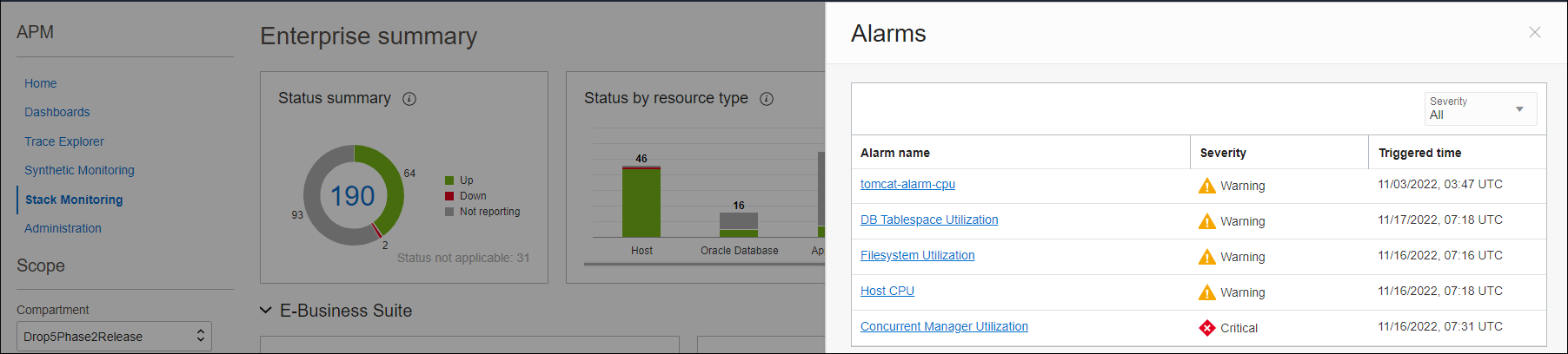 Image shows the Alarms panel.