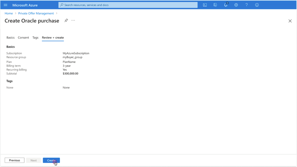 Click to expand An image of the Azure portal showing the purchase step in the private offer purchase work flow.