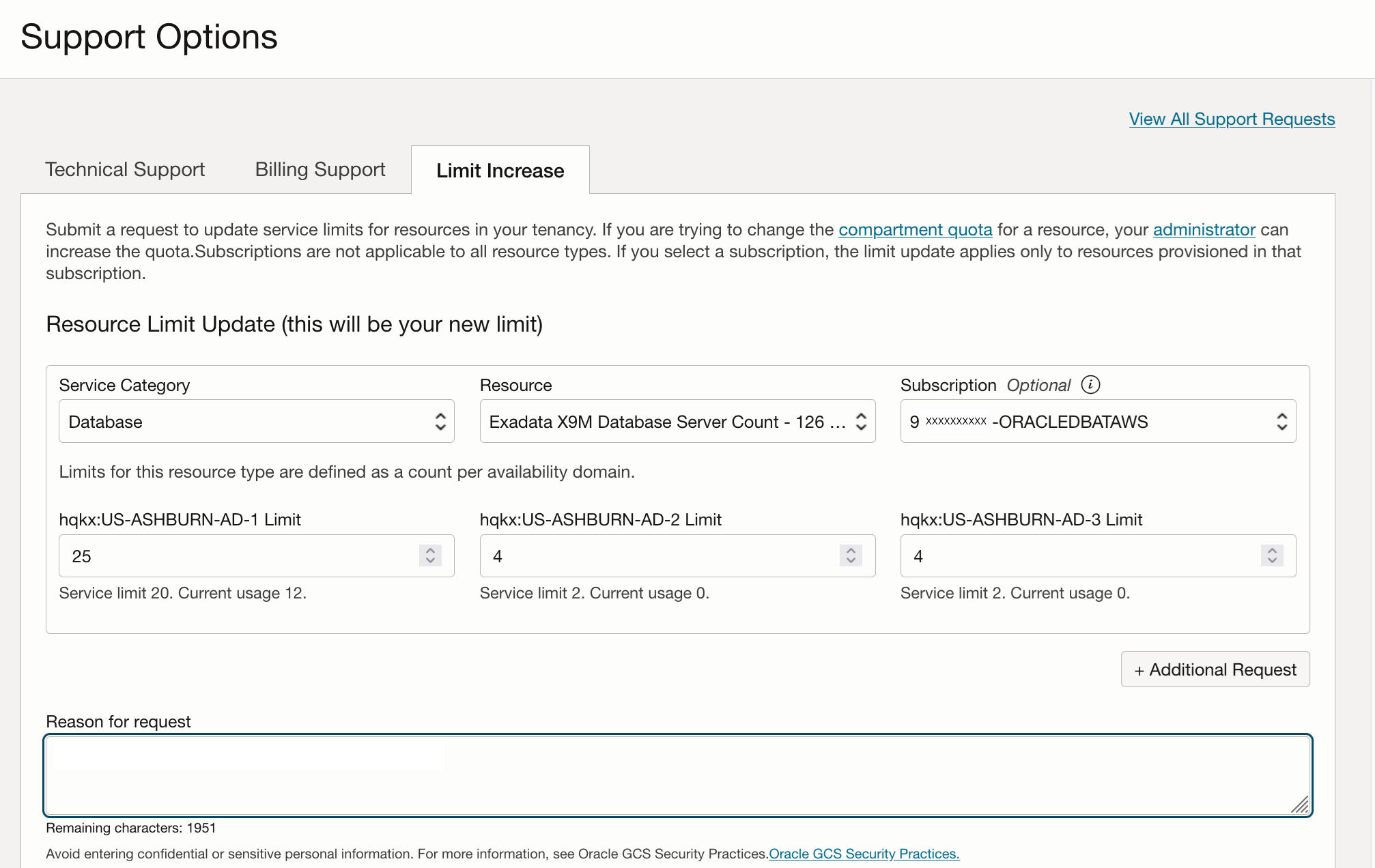 Click to expand An image of the Limits Increase panel of the Support Options form in the Oracle Cloud Console