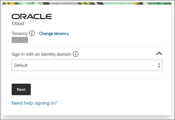 Select an identity domain screen Select an identity domain screen