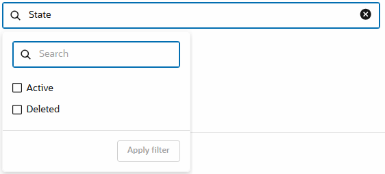 「状態」フィルタが選択され、値オプション「アクティブ」および「削除済」が表示されている検索ボックスのスクリーンショット