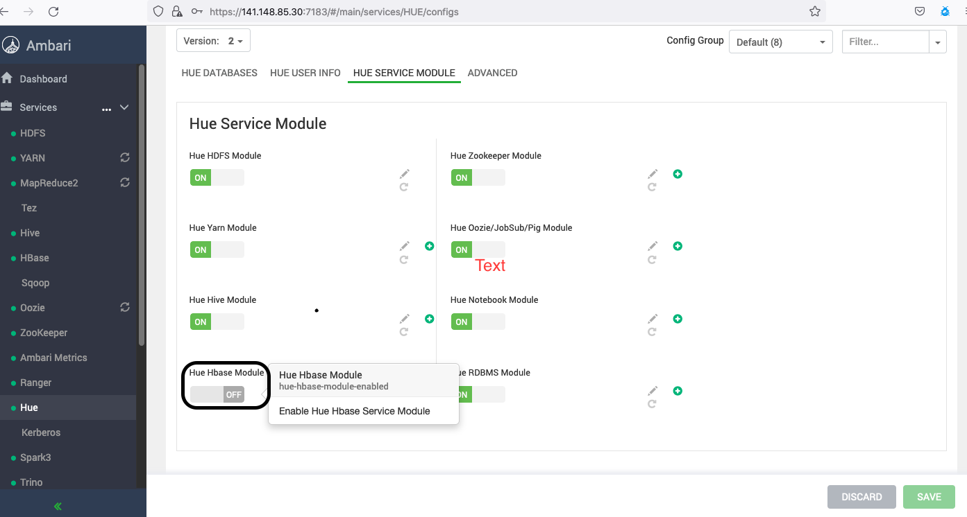 「Hue HBase Module」トグル・フィールドを示すApache Ambariのスクリーン・ショット。