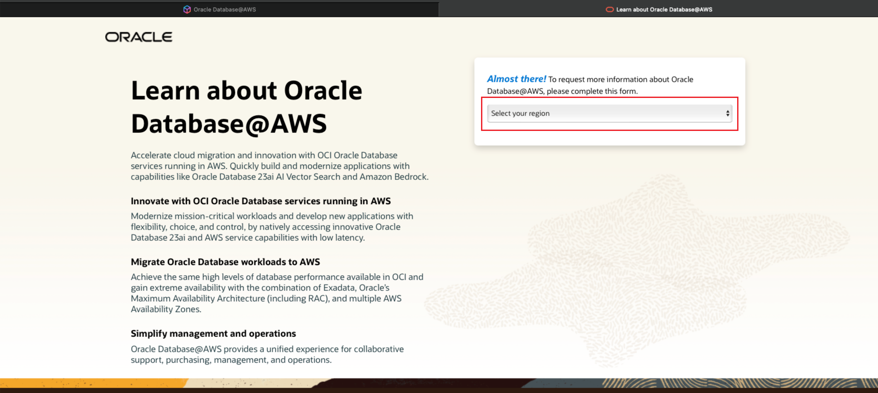 クリックして展開 Oracle Database@AWS Webサイトを示すイメージです。