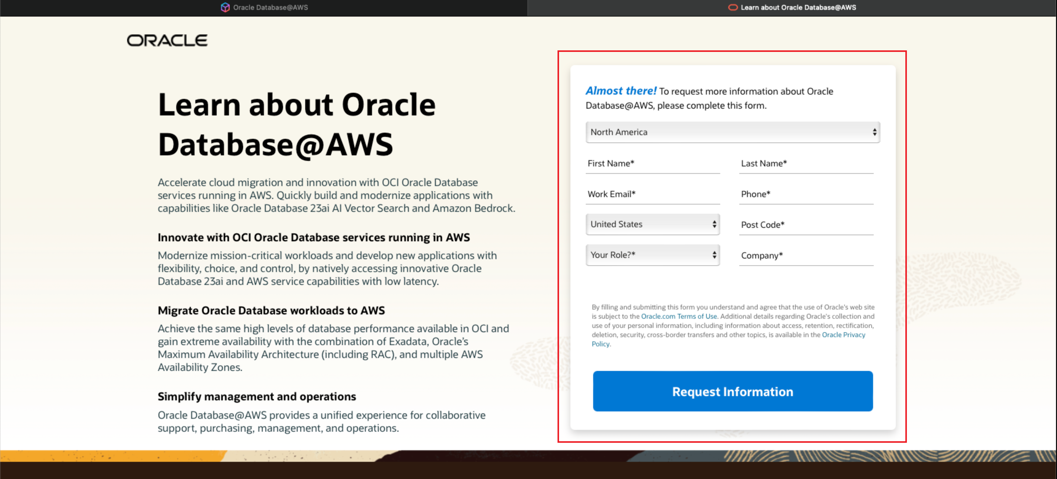 クリックして展開 Oracle Database@AWS Webサイトのコンタクト・フォームを示すイメージです。