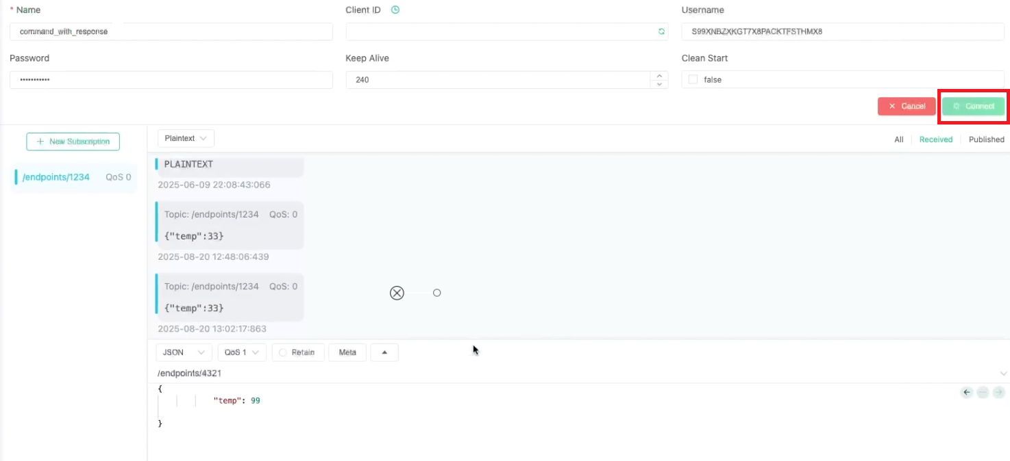 MQTTXで「接続」を選択します。
