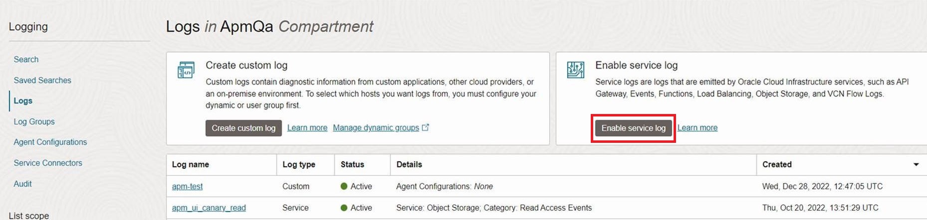 「ログ」の下の「サービス・ログの有効化」を示すOCIロギング・コンソールのスクリーンショット。
