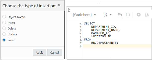 この図は、SELECT文が選択されたときにワークシート・エディタでオブジェクトに対して生成されるSQLコードを示しています。
