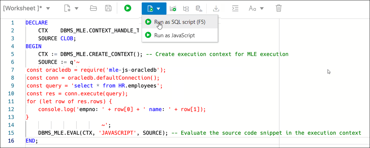 この図は、SQLワークシートでPL/SQLコード・ブロックとして実行されるJavaScriptコードを示しています。