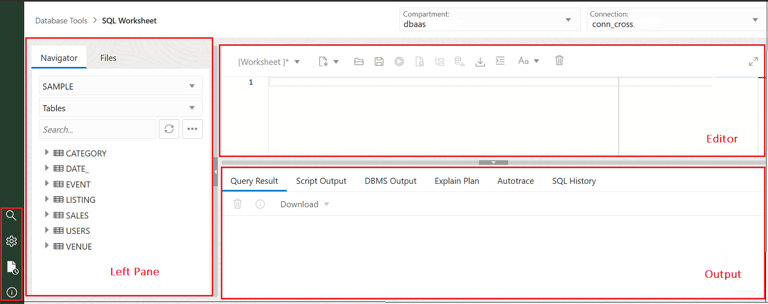 この図は、SQLワークシートのユーザー・インタフェースを示しています。
