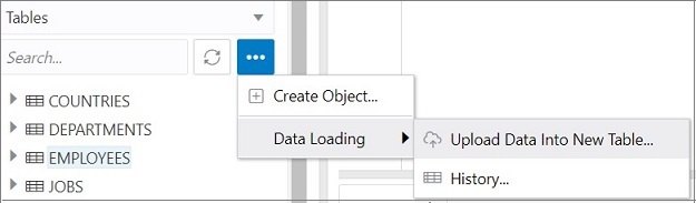 この図は、SQLワークシートの左ペインの「データ・ロード」オプションを示しています。