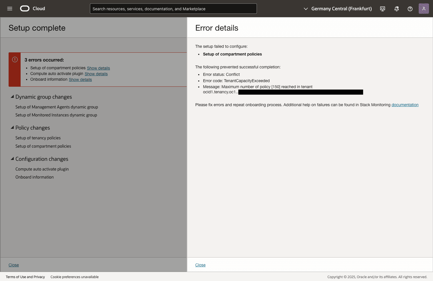 ポリシー・マネージャ最大割当て制限エラー